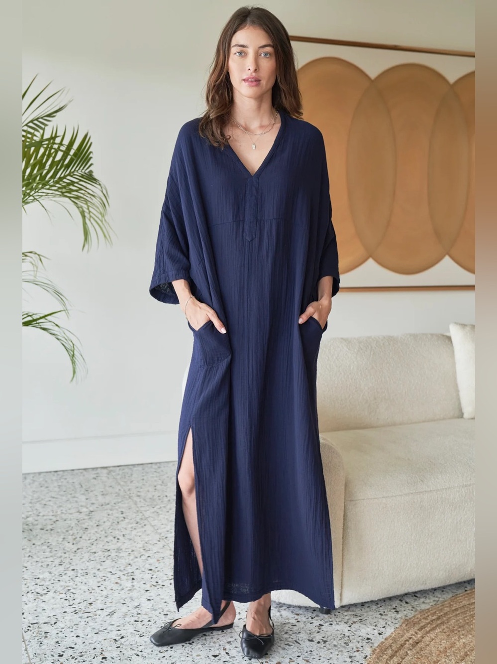 Ocean+Main Los Angeles Navy Cotton Gauze Arc Seam Caftan Maxi Dress Pool L/XL